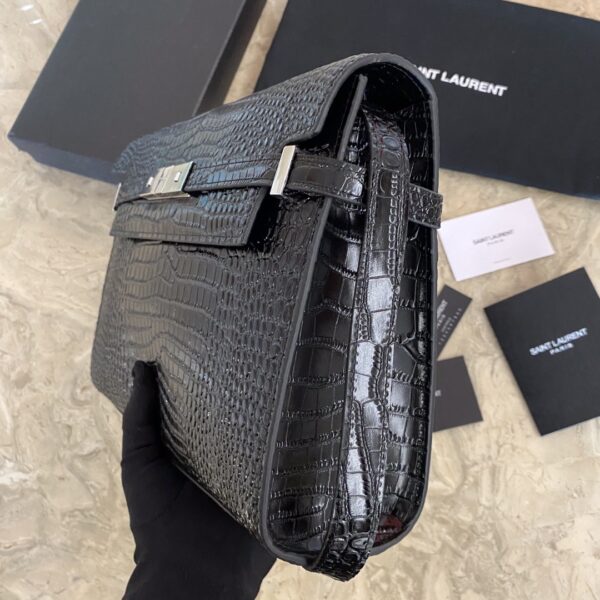 YSL Small Crocodile Flap Baguette Bag - Black - Image 4