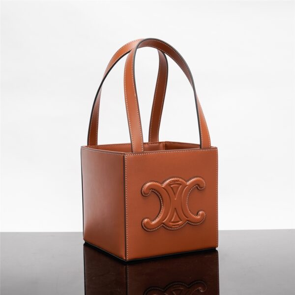 Celine Triomphe Logo Embossed Calfskin Cube Handbag - Brown - Image 5