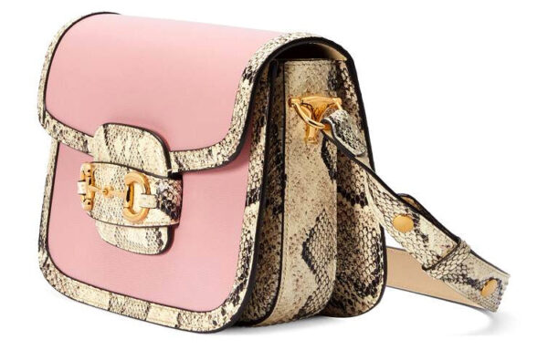 (WMNS) GUCCI Horsebit 1955 Retro Gold buckle snake pattern Colorblock Leather Shoulder Messenger Bag Small Pink / Beige 602204-18YMA-5567 | Luna Bags