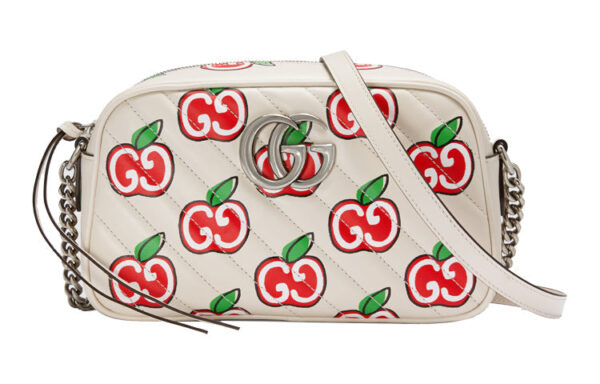 (WMNS) GUCCI GG Marmont Silver Logo Apple Pattern Leather Chain Shoulder Messenger Bag Small White / Red Valentine's Day limited 447632-1W9AN-9086 | Luna Bags