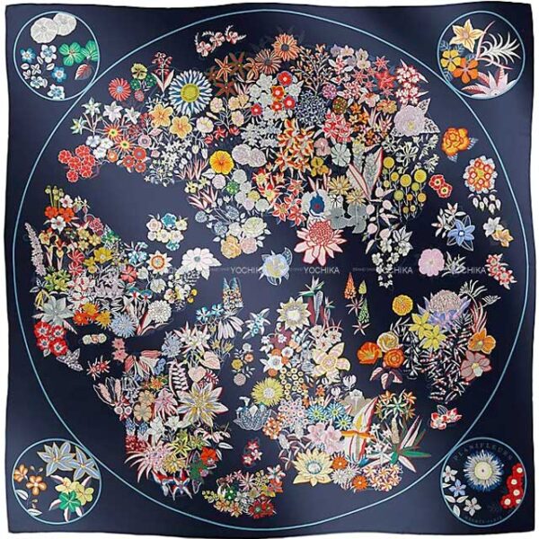 2023AW HERMES scarf Carre 90 Planifleurs Marine/Palm(9P)/Multicolor Silk100% | Luna Bags