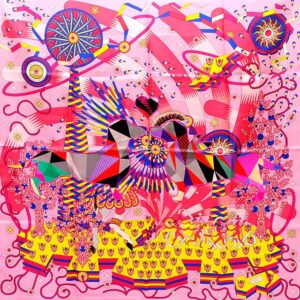 2021SS HERMES scarf Carre 90 Woof Woof  wanwan dachshund Source of Pegasus applique embroidery Rose(5T)/Jaune vif/Bleu Royal(O8) Silk100% | Luna Bags