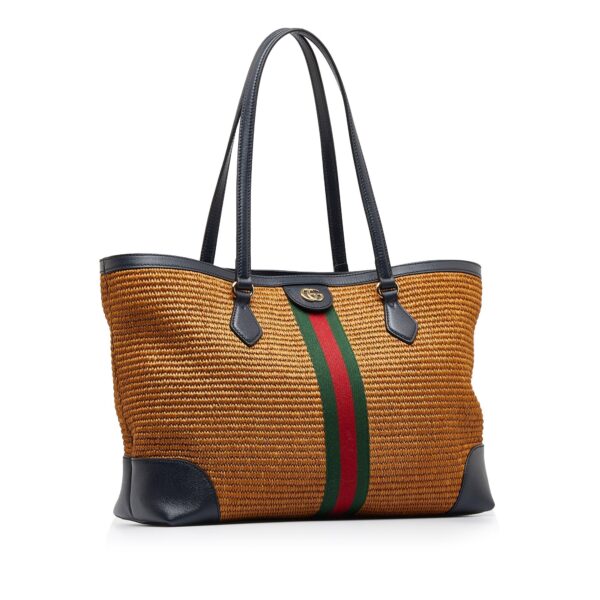 Brown Gucci Medium Raffia Ophidia Tote Bag | Luna Bags