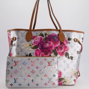 *LIMITED EDITION* Louis Vuitton Garden Capsule 2022 Neverfull MM Bag in Silver and Pink Floral Monogram Canvas with Brown Leather and Gold Hardware | Luna Bags