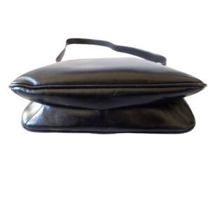 1970s Gucci saddle bag in black leather with muted gold hardware, an expandable bottom, wide shoulder strap, and burgundy leather lining | Luna Bags