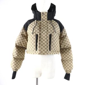 GUCCI Down jacket 761698 Main: 70% cotton, Main: 30% polyester, Main: 100% nylon, Part: 98% nylon, Part: 2% polyurethane beige GG canvas bomber jacket Women 36 Used | Luna Bags