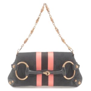 GUCCI Bamboo Horsebit GG Canvas Leather Shoulder Bag Black 129497 | Luna Bags