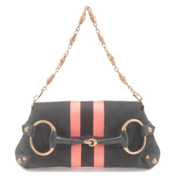 GUCCI Bamboo Horsebit GG Canvas Leather Shoulder Bag Black 129497 | Luna Bags