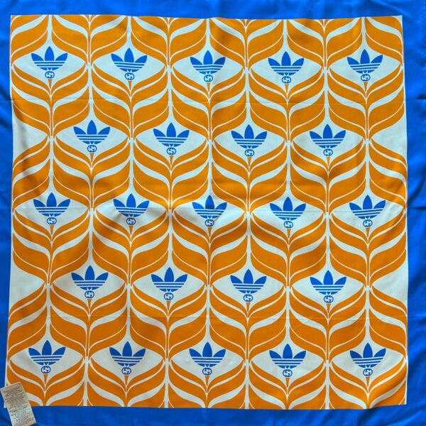 GUCCI x Adidas Orange Blue White Silk GG Monogram Trefoil Print Square Scarf | Luna Bags