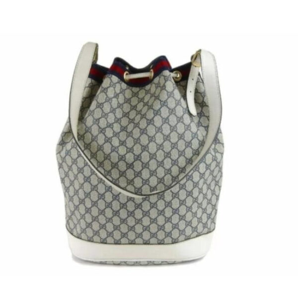 Gucci Blue Guccissima Print on White Leather Drawstring Top Bucket Bag W Red And Navy Stripe | Luna Bags