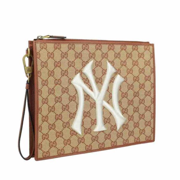 Gucci GG Supreme Canvas NY Yankees Zip Wristlet Pouch, Brown Leather | Luna Bags