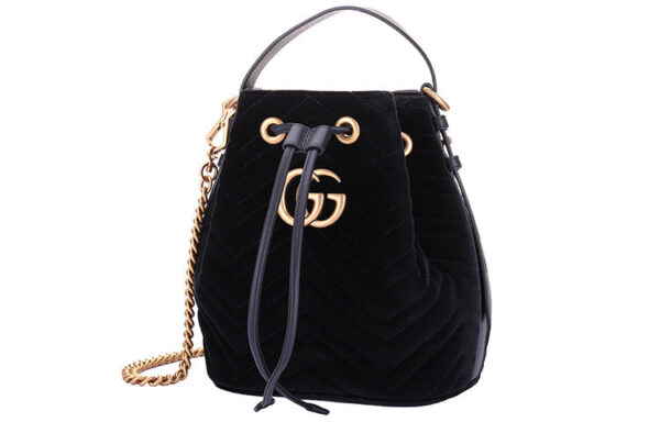 GUCCI GG Marmont Gold Label Logo Velvet Drawstring Bucket Bag Chain Handbag Black 525081-9FRDT-1000 | Luna Bags
