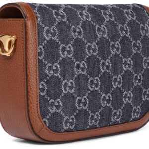 GUCCI Horsebit 1955 Retro Gold Buckle Logo Stripe Webbing Denim Saddle Bag Shoulder Messenger Bag Mini Gray Blue / Brown 658574-2KQPG-8391 | Luna Bags