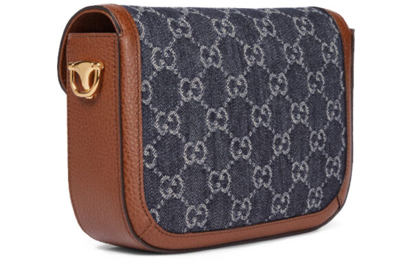 GUCCI Horsebit 1955 Retro Gold Buckle Logo Stripe Webbing Denim Saddle Bag Shoulder Messenger Bag Mini Gray Blue / Brown 658574-2KQPG-8391 | Luna Bags