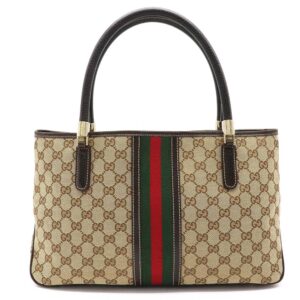 Gucci GG Canvas Sherry Line Tote Bag Shoulder Khaki Beige Dark Brown 161717 | Luna Bags