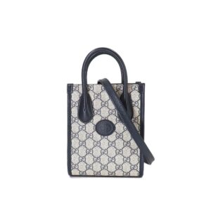 Gucci Interlocking G Mini Tote Bag 2way Shoulder GG Supreme Canvas Leather Blue 671623 | Luna Bags