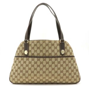Gucci GG canvas tote bag shoulder leather khaki beige dark brown 163288 | Luna Bags