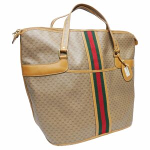 Gucci Old Gucci Vintage Large Tote Bag Boston Travel Unisex 1980s 80s Sherry Line Micro GG Pattern Capacity Leather Gold Hardware Beige Camel | Luna Bags