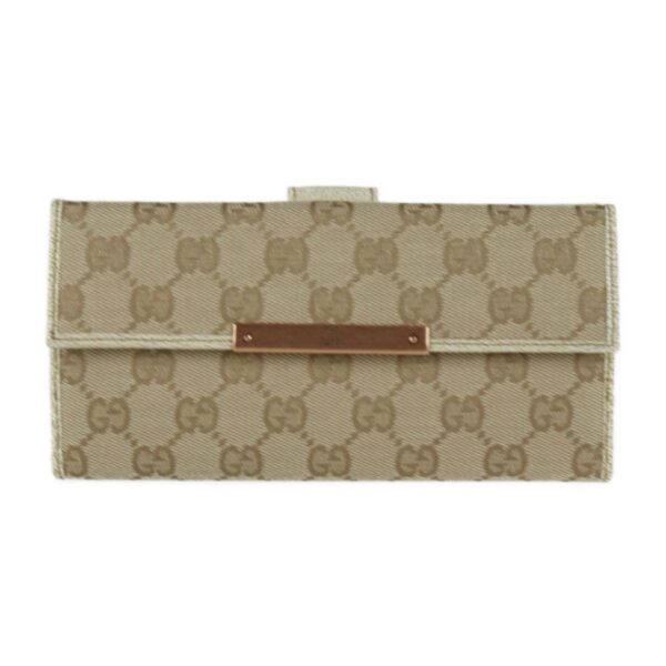 Gucci Bifold Wallet 112715 GG Canvas Leather Gold Beige Ivory Bronze Hardware W Hook Long Logo Plate | Luna Bags