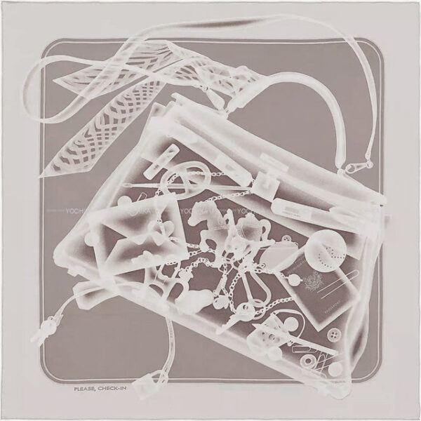 HERMES scarf Carre 90 PLEASE CHECK IN  Beige/Gris Perle Silk100% | Luna Bags