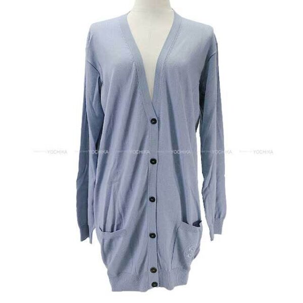 HERMES Cardigan Ladies Long Vneck Embroidery Bleugray Cashmere50% / Silk50% 38 | Luna Bags