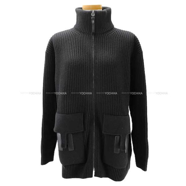 HERMES Knit Ladies Blouson H logo pocket over knit zip up Noir (Black) Wool/Lambskin 36 Silver | Luna Bags