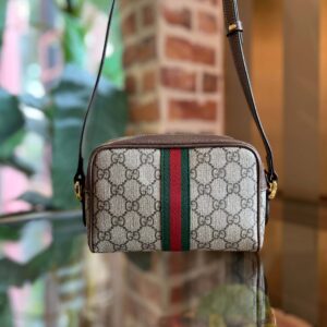 GUCCI Ophidia Mini Beige Dark Brown GG Supreme Canvas Crossbody Bag | Luna Bags