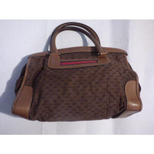 Gucci Vintage Dark Brown Small G Logo Print Fabric And Camel Leather With Red Green Stripe | Luna Bags