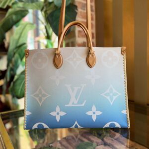 LOUIS VUITTON Forte Dei Marmi By The Pool Onthego GM Blue Ombre Giant Monogram Canvas Raffia Tote Bag | Luna Bags