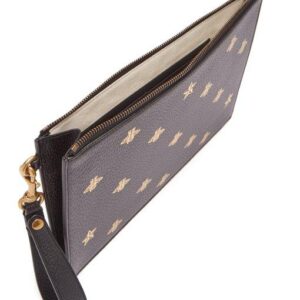 Gucci Bee Print Grained Leather Pouch In Brown | Luna Bags