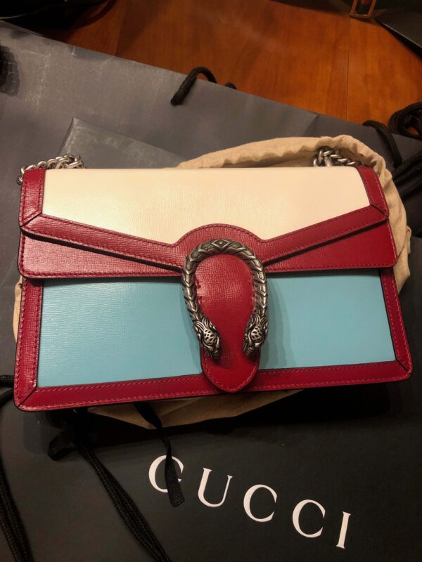 Gucci Small Dionysus Shoulder Bag in Ivory and Blue with Red Trim | Luna Bags