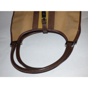 Gucci Tan Canvas and Brown Leather Jackie Bardot Style Hobo Shoulder Bag W Yellow & Brown Sherry Stripe & Chrome Hardware | Luna Bags