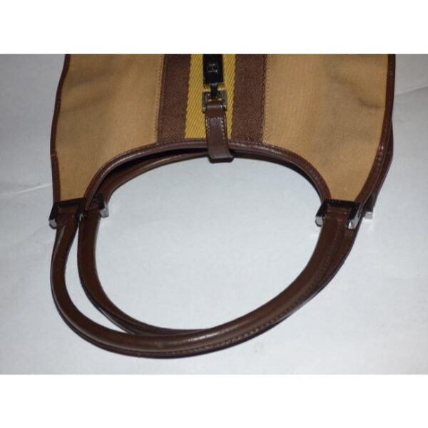 Gucci Tan Canvas and Brown Leather Jackie Bardot Style Hobo Shoulder Bag W Yellow & Brown Sherry Stripe & Chrome Hardware | Luna Bags