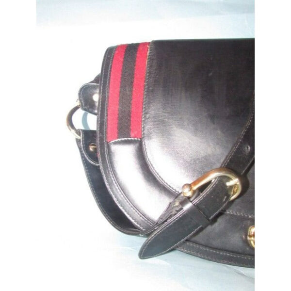 Gucci One Of A Kindearly Supple Black Leather With Navy And Red Stripe Accents Canvas Shoulder Bag | Luna Bags