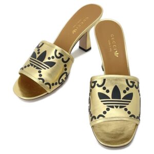 GUCCI Adidas Collaboration GG Logo Slide Sandals Gold/Black 722445 Leather Velour Size 38 1/2 | Luna Bags