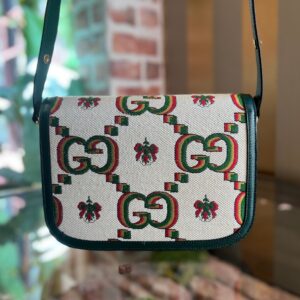 GUCCI 1955 Horsebit Small Green Ivory 100th Anniversary Cotton GG Floral Monogram Canvas Crossbody Bag | Luna Bags