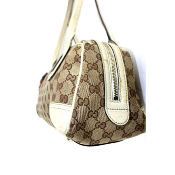 Gucci W Print Canvasleather Sherry Stripe Accents Brown Guccissimawhite Leathercanvas Satchel | Luna Bags
