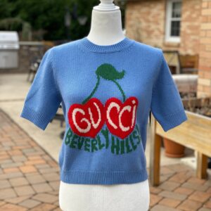 Gucci Wool Sweater with Cherry Intarsia in Blue | Luna Bags