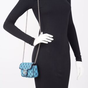 Gucci Womens GG Marmont Quilted Flap Bag Blue Canvas Super Mini | Luna Bags