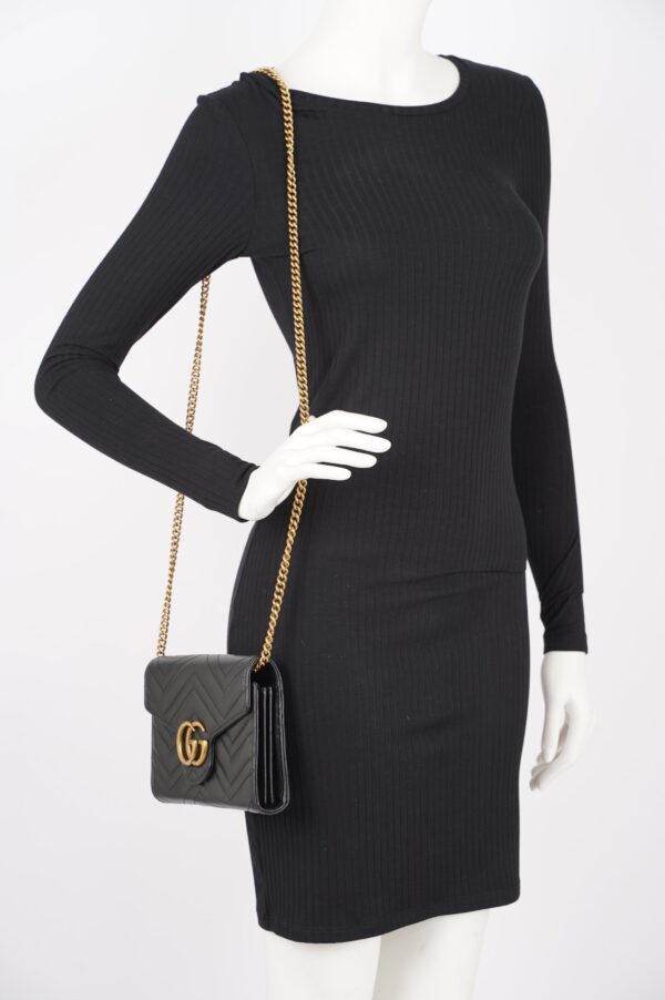Gucci Womens Marmont Flap Black / Gold Matelasse Mini | Luna Bags