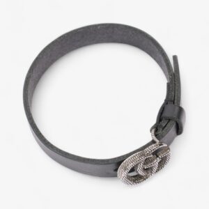 Gucci Engraved Double G Bracelet Black / Silver Leather Large | Luna Bags
