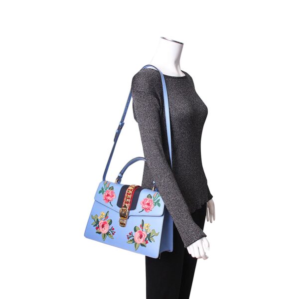 GUCCI Leather Embroidered Medium Sylvie Shoulder Bag Blue | Luna Bags