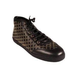Gucci Women's Designer Shoes Black Leather Laser Cut Brass Studded High-Top Sneakers (GGW3000) | Luna Bags
