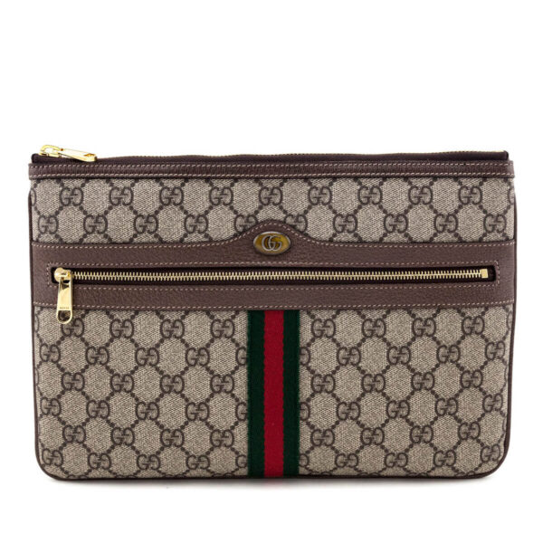 Gucci Brown GG Supreme Monogram Large Ophidia Pouch Clutch | Luna Bags