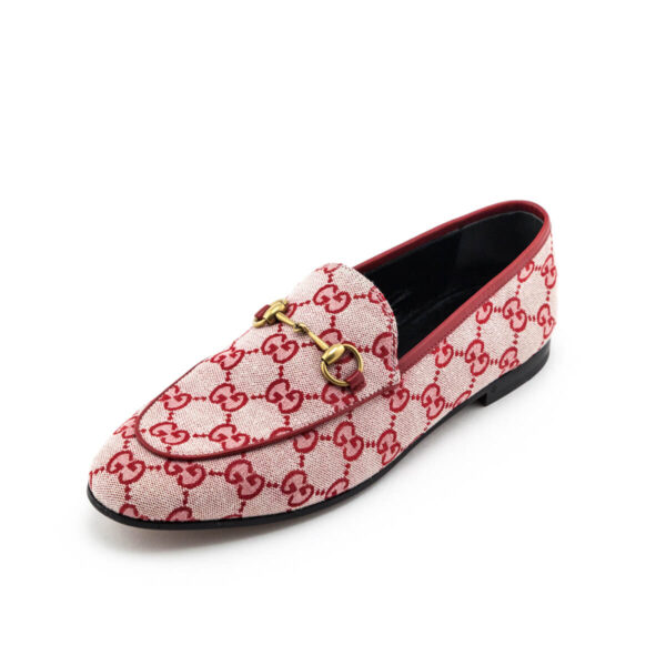 Gucci Red Canvas GG Monogram Jordaan Loafers Size US 8.5 | EU 38.5 | Luna Bags