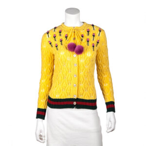 Gucci Yellow Wool Rose Embroidered Mink Pom Pom Crochet Cardigan Size XS | Luna Bags
