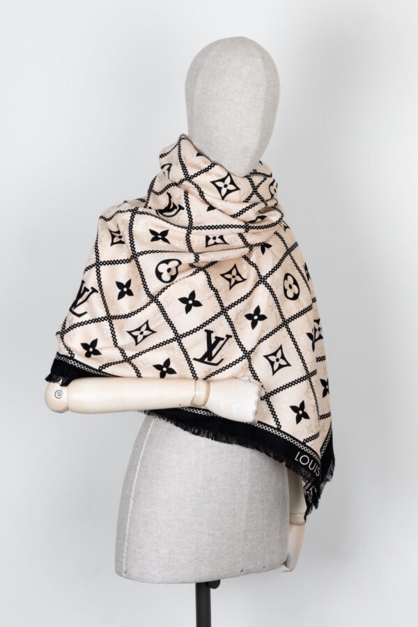 LOUIS VUITTON Scarf MNG Silk Wool Black Beige | Luna Bags