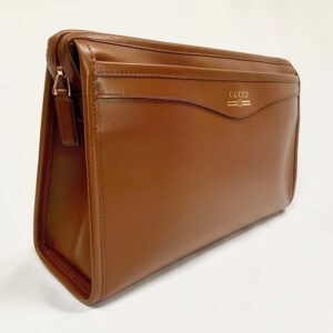Gucci Metallic Print Logo Smooth Leather Clutch in Brown | Luna Bags