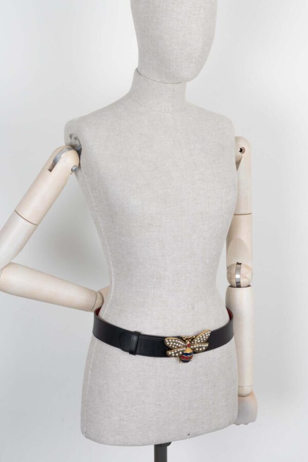 GUCCI Bee Pearl Belt Leather Black | Luna Bags
