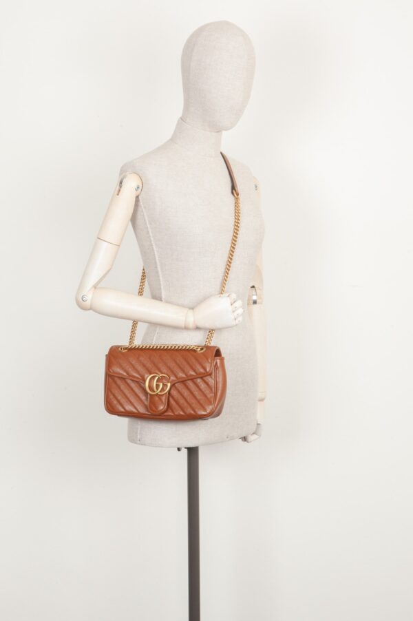GUCCI Marmont Diagonal Quilted Small Flap Bag Leather Brown | Luna Bags